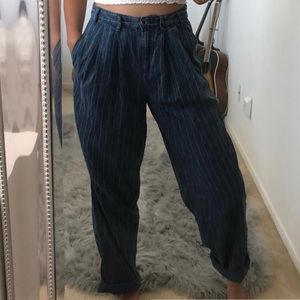 blue wash stripped boyfriend pant with pleating